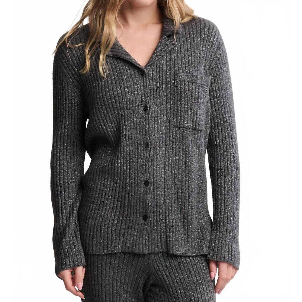 NEW BAREFOOT DREAMS cozychic ultra lite lurex rib button front shirt in carbon